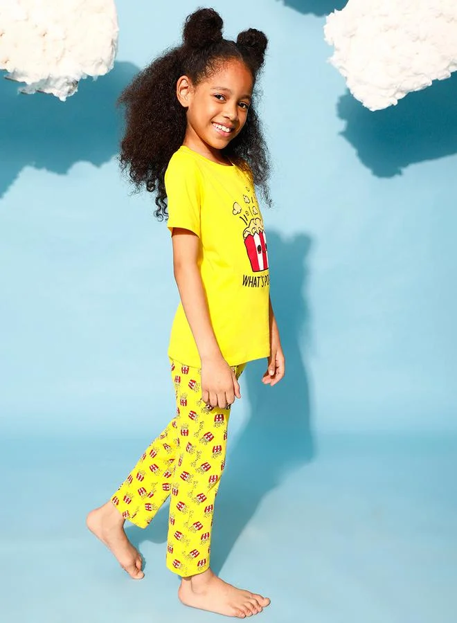 Clovia Cubs Popcorn Graphic Print T-Shirt & Pyjama Set by Styli