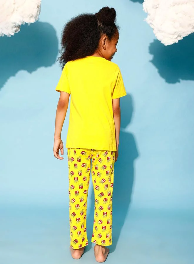 Clovia Cubs Popcorn Graphic Print T-Shirt & Pyjama Set by Styli