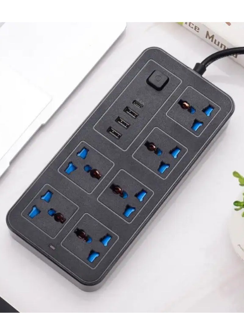 Sprinters Sprinters - Universal Extension Socket | 2 Meter Wire | 6 AC Outlets | 3 USB Ports | 1 USB-C Port | UK Plug 3 Pin Socket Outlet | Surge Protector Power Strip for Home, Office, and Electronics (Black)  - Image 1