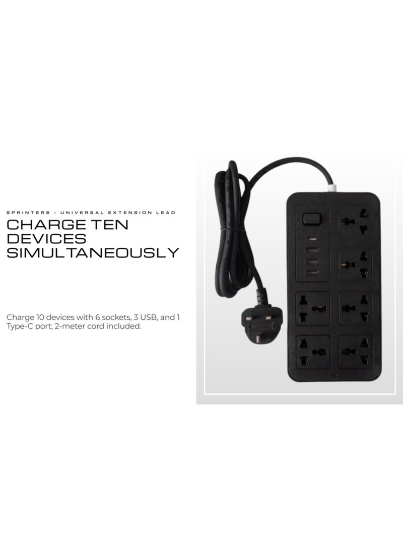 Sprinters Sprinters - Universal Extension Socket | 2 Meter Wire | 6 AC Outlets | 3 USB Ports | 1 USB-C Port | UK Plug 3 Pin Socket Outlet | Surge Protector Power Strip for Home, Office, and Electronics (Black)  - Image 2