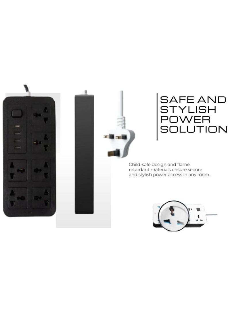 Sprinters Sprinters - Universal Extension Socket | 2 Meter Wire | 6 AC Outlets | 3 USB Ports | 1 USB-C Port | UK Plug 3 Pin Socket Outlet | Surge Protector Power Strip for Home, Office, and Electronics (Black)  - Image 3