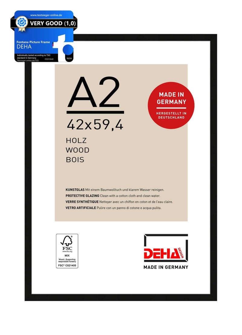 DEHA Design Fontana Wooden Picture Frame Black A2 42x594cm with Push and Turn Clips
