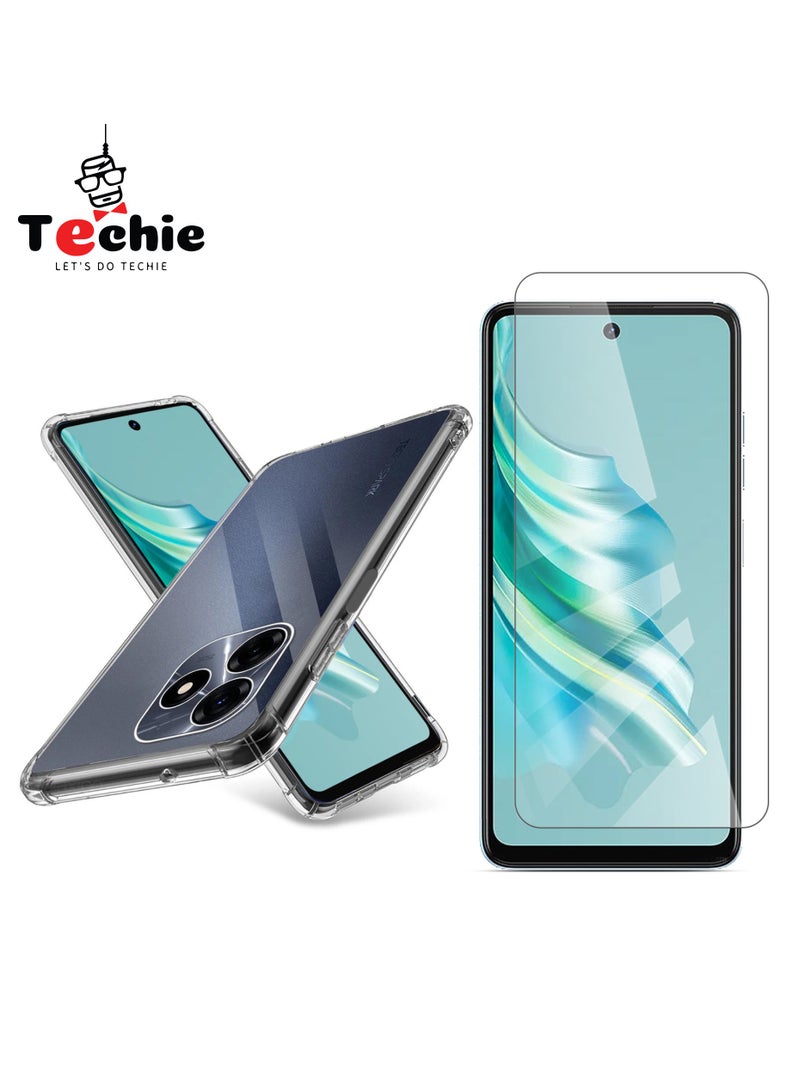 Techie مجموعة غطاء وواقي شاشة لهاتف Tecno Spark 20 2 في 1 - غطاء شفاف من مادة TPU مع واقي شاشة من الزجاج المقوى عالي الدقة - Image 1
