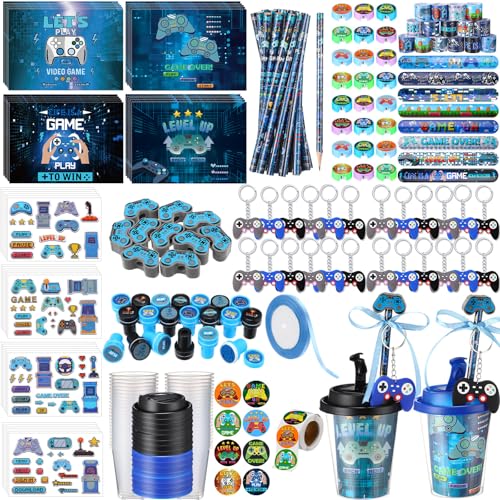 Watersay مجموعة هدايا حفلة ألعاب الفيديو 218 قطعة تتضمن كوب شرب مع غطاء، بطاقة لعبة، مبراة أقلام، ممحاة، ملصقات، سوار لاصق، سلسلة مفاتيح، طابع، ملصق، شريط لحفلة عيد ميلاد اللاعبين - Image 1