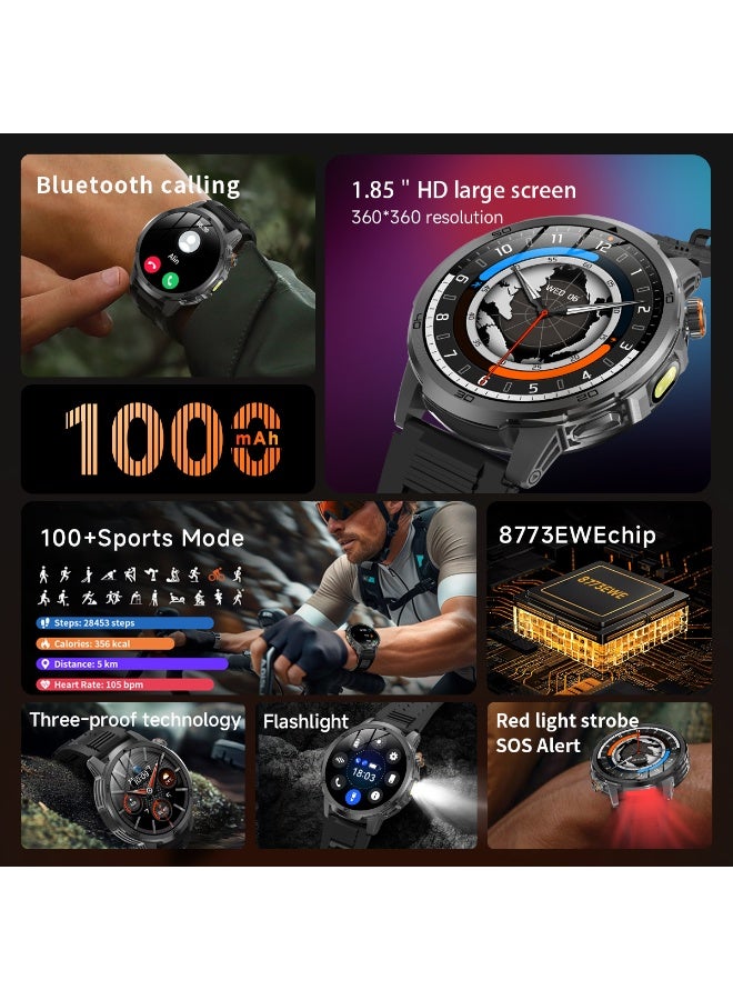 RollsTimi  Men's Bluetooth Smart Watch, 1.85-Inch HD High-Definition Touch Screen, 360*360 High Resolution, LED Flashlight, IP68 Daily Waterproof, 1000mAh Long Battery Life Battery, Sports And Sleep Monitoring, Multiple Sports Modes, DIY Personalized Dial, Bluetooth Call Receiving/Making, Magnetic Charging, Sedentary Reminder, Message Notification, Smart Bluetooth Wearable Watch, RT AK95 - Image 5