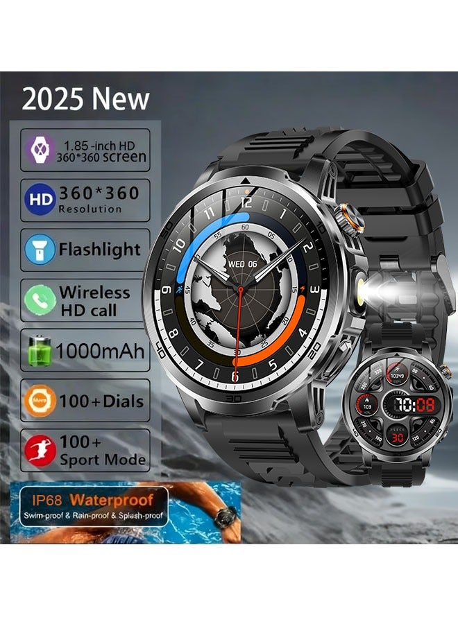 RollsTimi  Men's Bluetooth Smart Watch, 1.85-Inch HD High-Definition Touch Screen, 360*360 High Resolution, LED Flashlight, IP68 Daily Waterproof, 1000mAh Long Battery Life Battery, Sports And Sleep Monitoring, Multiple Sports Modes, DIY Personalized Dial, Bluetooth Call Receiving/Making, Magnetic Charging, Sedentary Reminder, Message Notification, Smart Bluetooth Wearable Watch, RT AK95 - Image 1