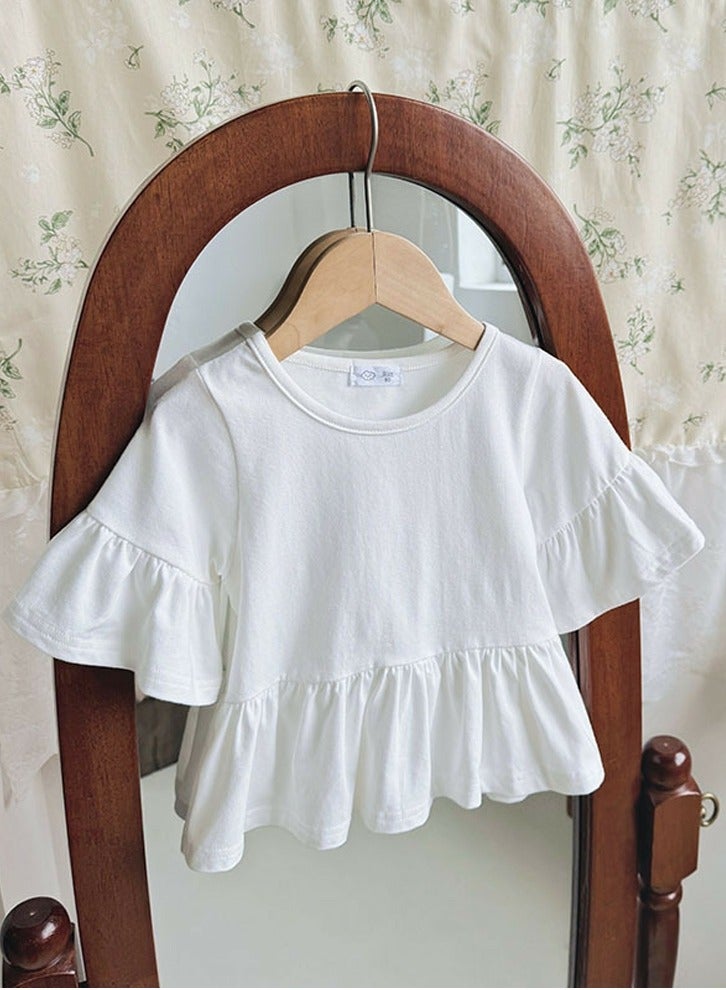 Loquat Girl's Flared Short Sleeve Crew Neck T-Shirt Cotton Ruffled Tees White 
