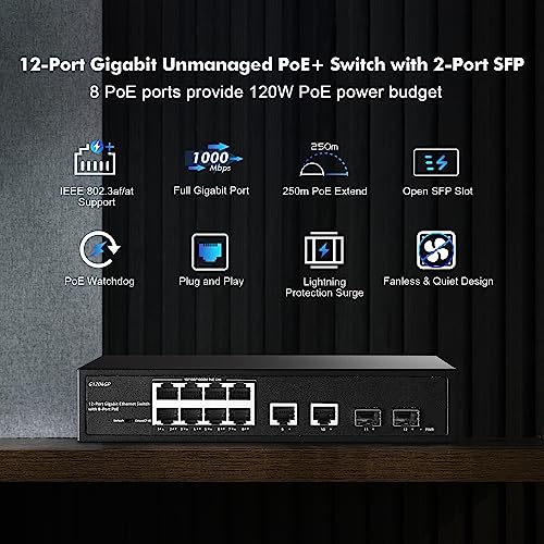 YuLinca 12 Port Gigabit PoE Switch, 8 Ggiabit PoE+, 2 GE Uplink, 2 Gigabit SFP Slot, IEEE802.3af/at Max 120W, Fanless Unmanaged Plug&Play Desktop Rackmount YuLinca Ethernet Switch - Image 2