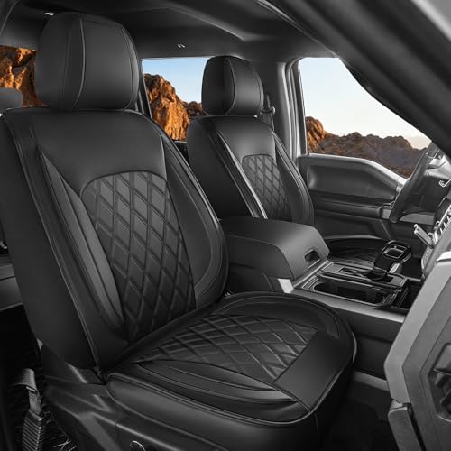 LINGVIDO Truck Seat Covers for 2009-2025 Ford F150 SuperCrew and 2017-2025 F250 F350 F450 Super Duty Crew Cab, Waterproof Faux Leather Front Seat Covers for Trucks, Black - Image 1