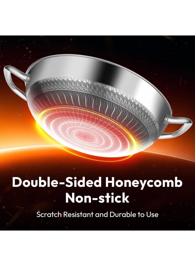 م.ا & ف'س مقلاة ووك من الفولاذ المقاوم للصدأ، مقلاة ووك هجينة مقاس 32 سم، مقلاة غير لاصقة مع غطاء، مقلاة عميقة، مقلاة كاداي كبيرة، مقلاة سوتيه، قدر طهي متوافق مع جميع أنواع المواقد، آمن للغسل في غسالة الأطباق - Image 2