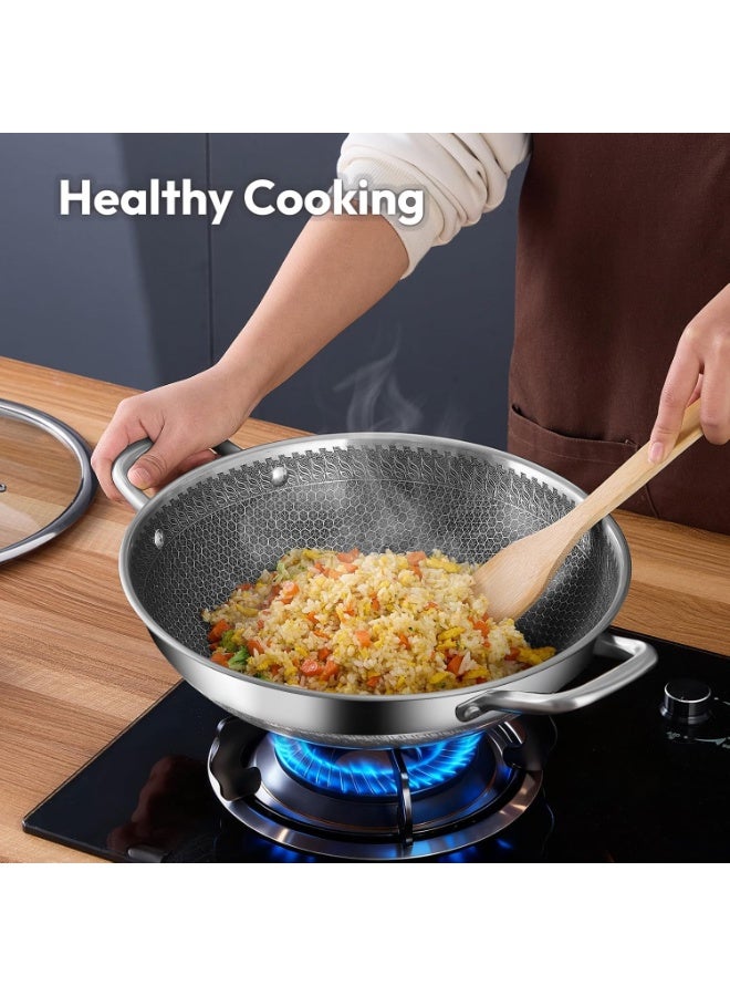 م.ا & ف'س مقلاة ووك من الفولاذ المقاوم للصدأ، مقلاة ووك هجينة مقاس 32 سم، مقلاة غير لاصقة مع غطاء، مقلاة عميقة، مقلاة كاداي كبيرة، مقلاة سوتيه، قدر طهي متوافق مع جميع أنواع المواقد، آمن للغسل في غسالة الأطباق - Image 3