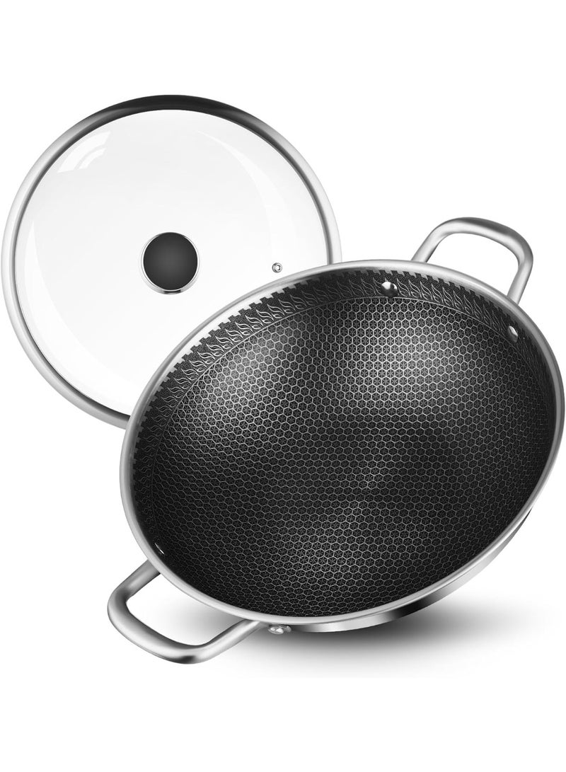 م.ا & ف'س مقلاة ووك من الفولاذ المقاوم للصدأ، مقلاة ووك هجينة مقاس 32 سم، مقلاة غير لاصقة مع غطاء، مقلاة عميقة، مقلاة كاداي كبيرة، مقلاة سوتيه، قدر طهي متوافق مع جميع أنواع المواقد، آمن للغسل في غسالة الأطباق - Image 1