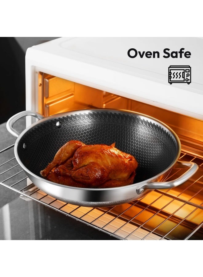 م.ا & ف'س مقلاة ووك من الفولاذ المقاوم للصدأ، مقلاة ووك هجينة مقاس 32 سم، مقلاة غير لاصقة مع غطاء، مقلاة عميقة، مقلاة كاداي كبيرة، مقلاة سوتيه، قدر طهي متوافق مع جميع أنواع المواقد، آمن للغسل في غسالة الأطباق - Image 5