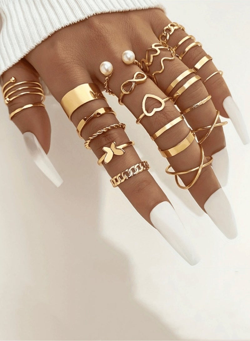 هويتك مجموعة خواتم مطلية بالذهب مكونة من 22 قطعة بتصميم بسيط وعصري - Image 2