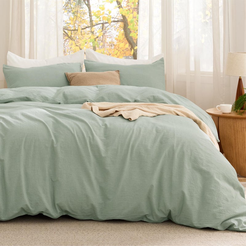 Bedsure 3 Pieces 100% Cotton Comforter Set Queen Size, Soft Bedding Set for All Seasons, Includes 1 Comforter (230 cm x 230 cm) and 2 Pillow Cases (50 cm x 66 cm), Sage Green - Image 2