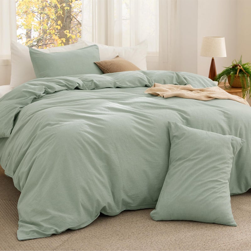 Bedsure 3 Pieces 100% Cotton Comforter Set Queen Size, Soft Bedding Set for All Seasons, Includes 1 Comforter (230 cm x 230 cm) and 2 Pillow Cases (50 cm x 66 cm), Sage Green - Image 1