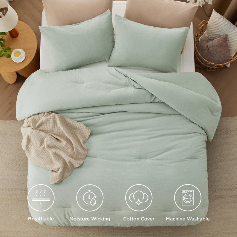 Bedsure 3 Pieces 100% Cotton Comforter Set Queen Size, Soft Bedding Set for All Seasons, Includes 1 Comforter (230 cm x 230 cm) and 2 Pillow Cases (50 cm x 66 cm), Sage Green - Image 4