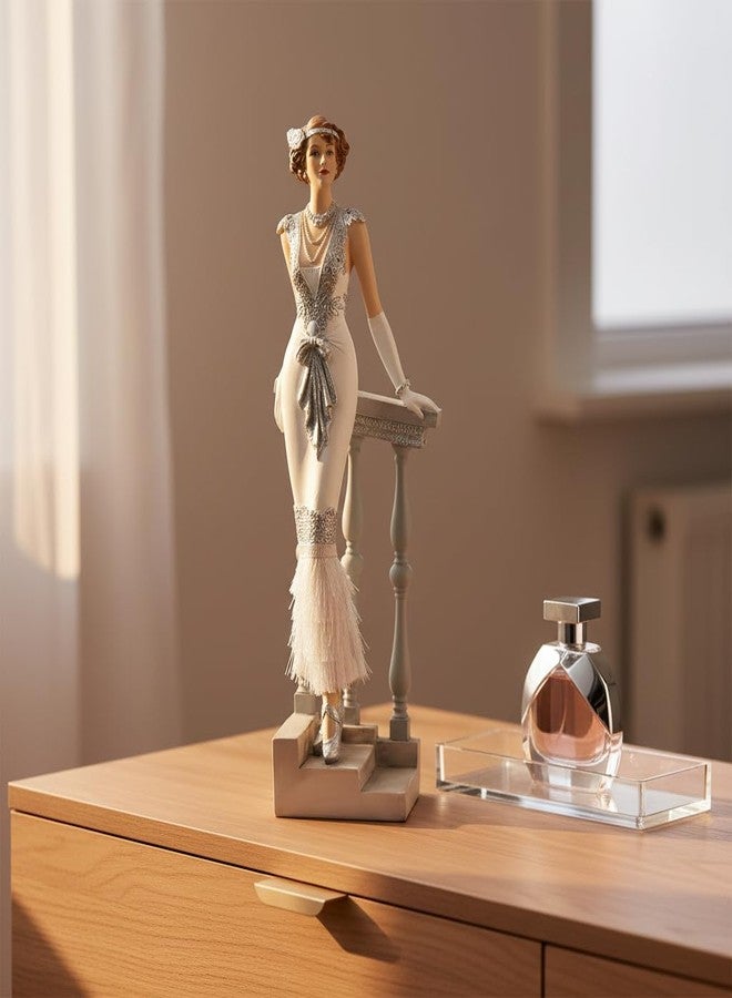 Comfy Hour 13" Victorian Lady Figurine, Elegant Woman Statue Leaning on Staircase, Roaring 20s Art Deco Style Home Decor Accent, Silvery Polyresin Artisan Crafted Sculpture, 1 Piece - Image 5
