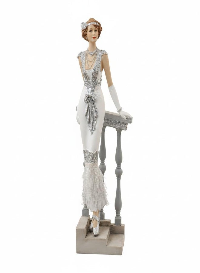 Comfy Hour 13" Victorian Lady Figurine, Elegant Woman Statue Leaning on Staircase, Roaring 20s Art Deco Style Home Decor Accent, Silvery Polyresin Artisan Crafted Sculpture, 1 Piece - Image 1
