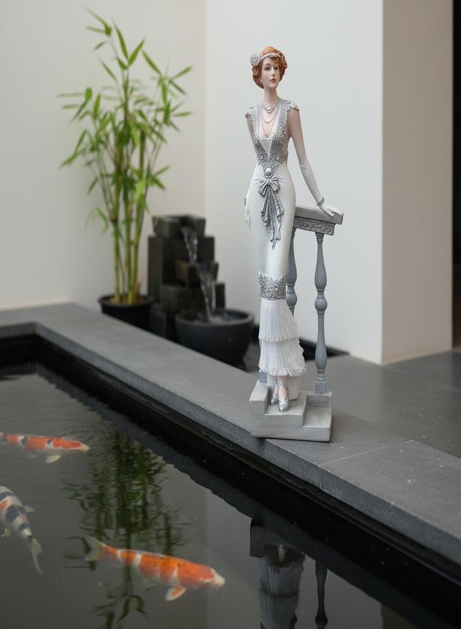 Comfy Hour 13" Victorian Lady Figurine, Elegant Woman Statue Leaning on Staircase, Roaring 20s Art Deco Style Home Decor Accent, Silvery Polyresin Artisan Crafted Sculpture, 1 Piece - Image 2