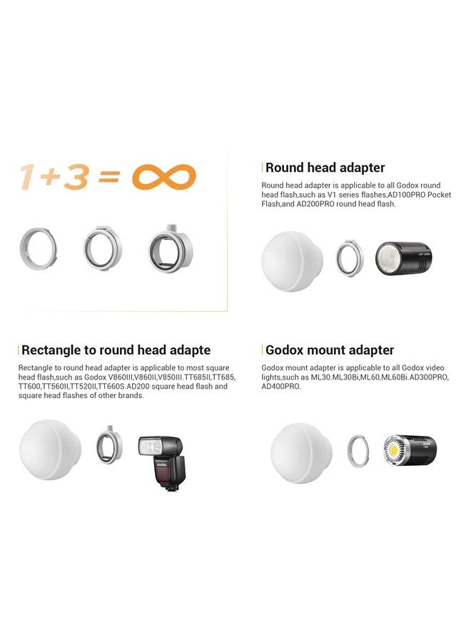 Godox ML-CD15 Diffusion Dome Kit Flash Diffuser with 3 Adapters, Compatible for Godox V1 AD100Pro Round Head Flash, Godox Mount Lights ML60 AD300Pro AD400Pro, TT685II V860III TT600 V860II - Image 3