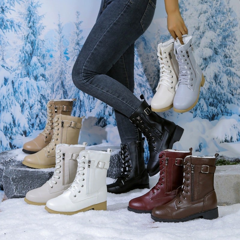 Lou Yuan Women's Mid-Calf Winter Snow Boots 2024 Retro Plus Size Side Zip Chunky Heel PU Boots - Image 2