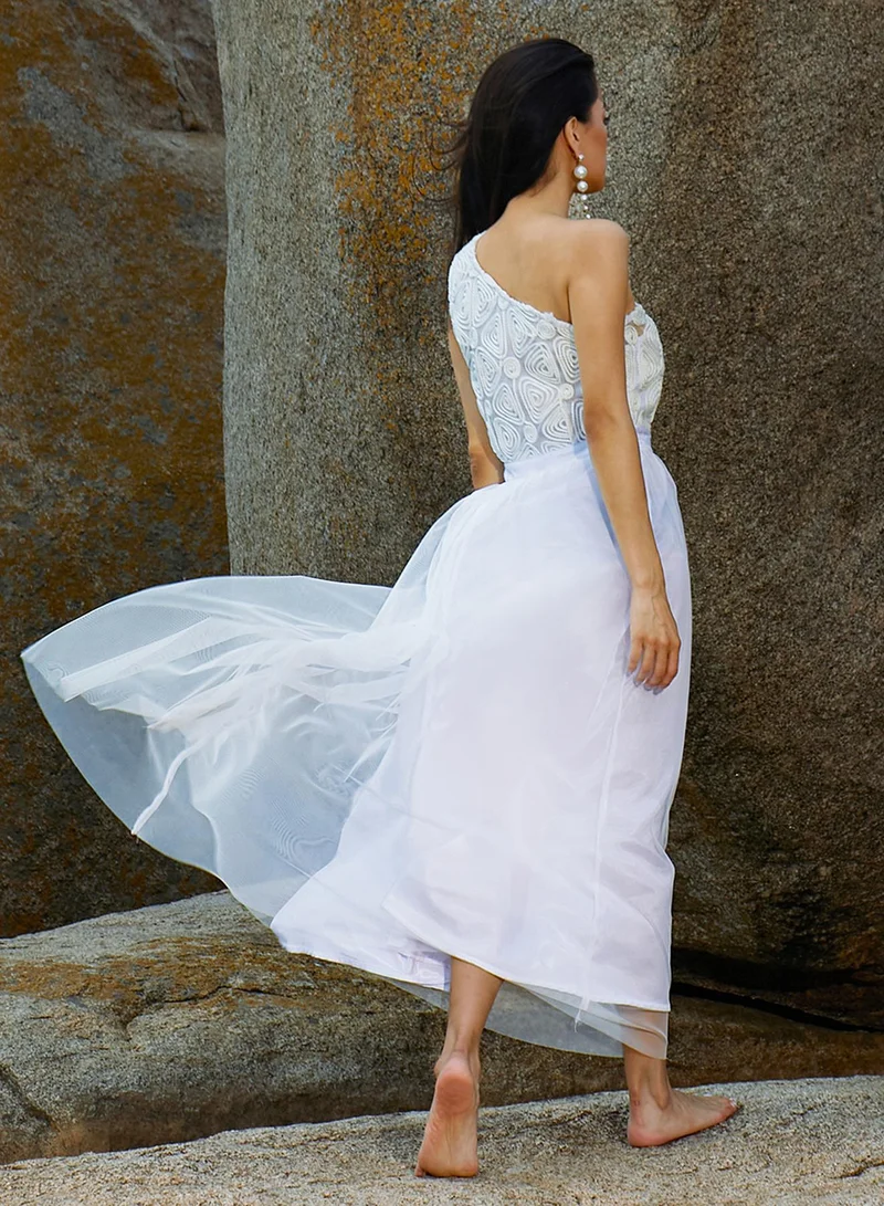 PINACOLADA PINACOLADA Women's Powder White Coil Maxi Dress For Casual Wear | One-Shoulder | Sleeveless | Zipper Closure | Dress Designed With Comfortable Fit For Woman & Girls