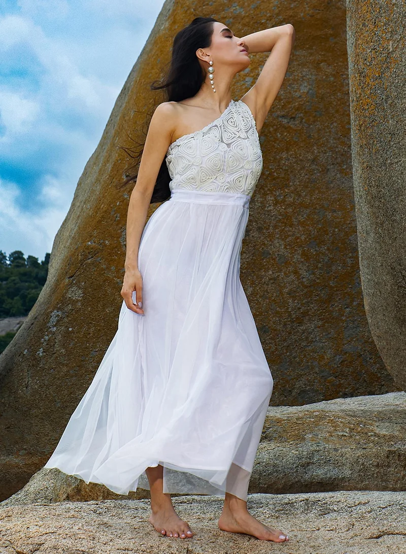 PINACOLADA PINACOLADA Women's Powder White Coil Maxi Dress For Casual Wear | One-Shoulder | Sleeveless | Zipper Closure | Dress Designed With Comfortable Fit For Woman & Girls
