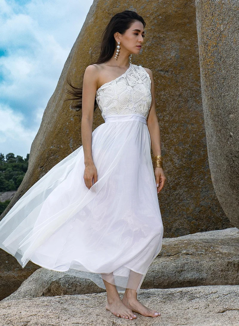 PINACOLADA PINACOLADA Women's Powder White Coil Maxi Dress For Casual Wear | One-Shoulder | Sleeveless | Zipper Closure | Dress Designed With Comfortable Fit For Woman & Girls