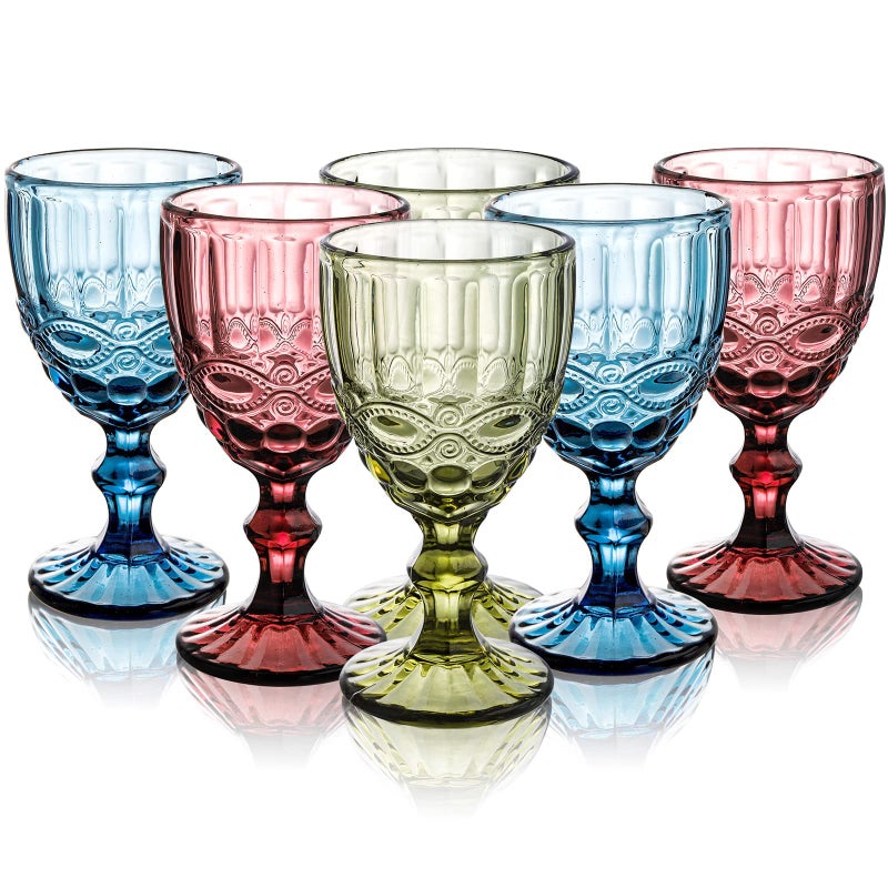 Youeon Set of 6 Colored Wine Goblets, 10 Oz Wine Glasses Set with Embossed Pattern, Colored Wine Glasses Vintage Glassware for Party, Wedding, Bar, Wine, Juice, Beverage, 3 Colors - Image 1