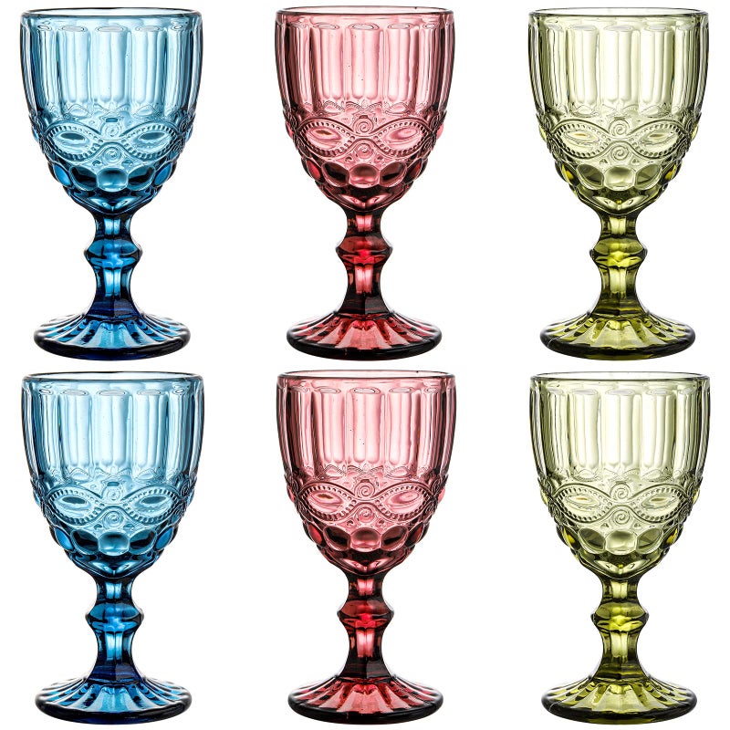 Youeon Set of 6 Colored Wine Goblets, 10 Oz Wine Glasses Set with Embossed Pattern, Colored Wine Glasses Vintage Glassware for Party, Wedding, Bar, Wine, Juice, Beverage, 3 Colors - Image 3
