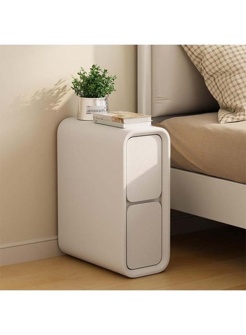 Narrow Nightstand with Drawers - Solid Wood Nightstand with Leather Surface, Small White Bedside Table for Bedroom