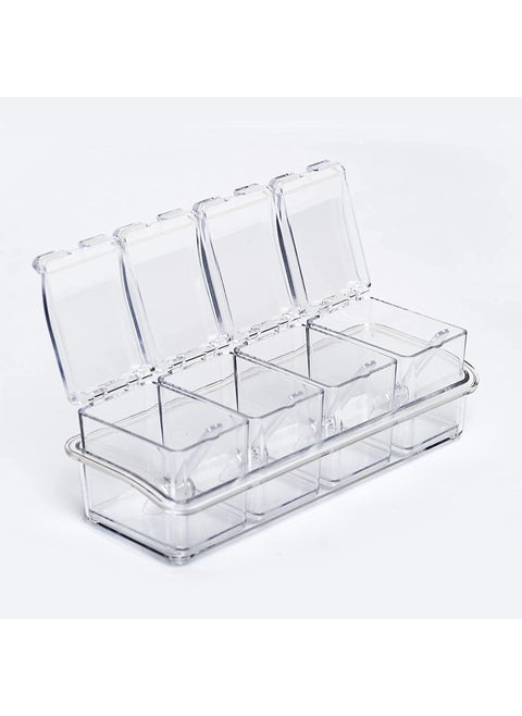 Takositio Crystal Seasoning Box Kitchen Acrylic Transparent Spice Jar Box Case Set Storage Container Condiment Jars Dispenser for Salt Sugar Cruet with Cover and with Serving Spoons Set of 4