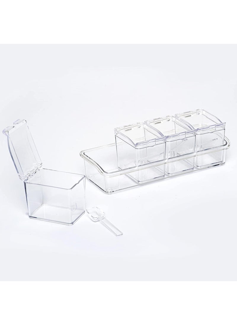 Takositio Crystal Seasoning Box Kitchen Acrylic Transparent Spice Jar Box Case Set Storage Container Condiment Jars Dispenser for Salt Sugar Cruet with Cover and with Serving Spoons Set of 4