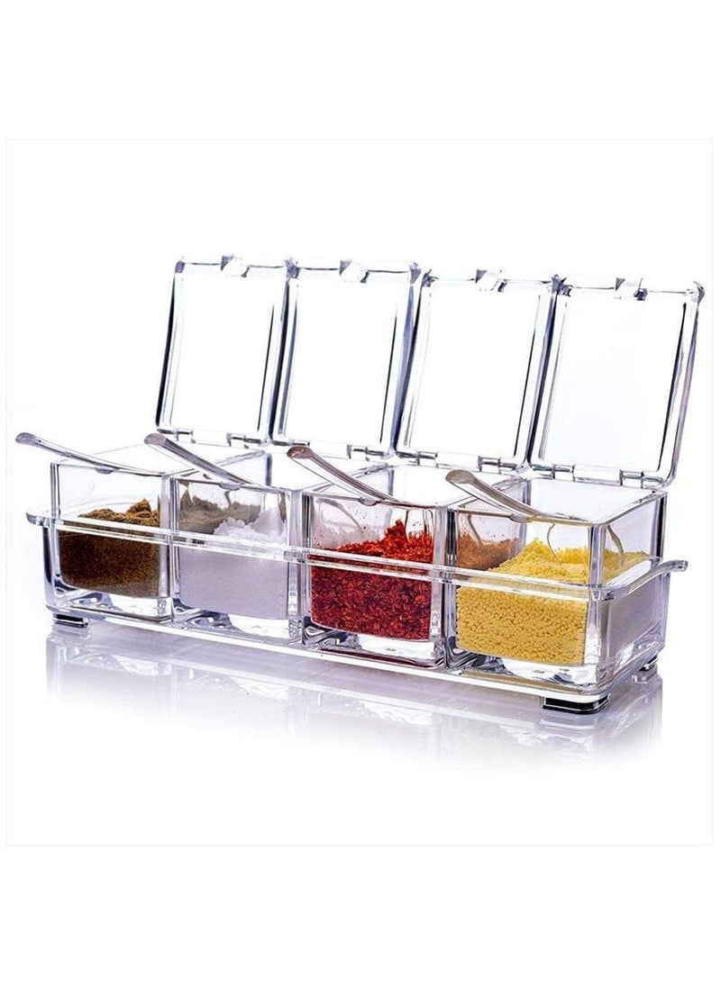 Takositio Crystal Seasoning Box Kitchen Acrylic Transparent Spice Jar Box Case Set Storage Container Condiment Jars Dispenser for Salt Sugar Cruet with Cover and with Serving Spoons Set of 4