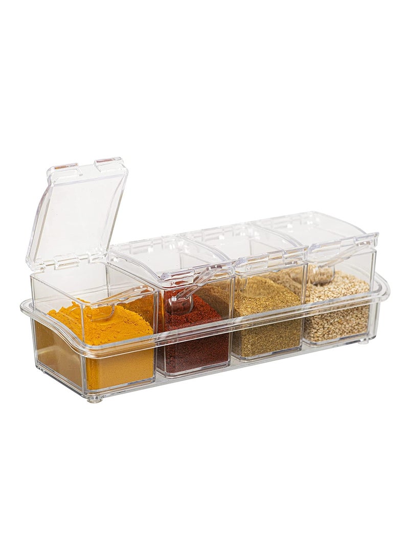 Takositio Crystal Seasoning Box Kitchen Acrylic Transparent Spice Jar Box Case Set Storage Container Condiment Jars Dispenser for Salt Sugar Cruet with Cover and with Serving Spoons Set of 4