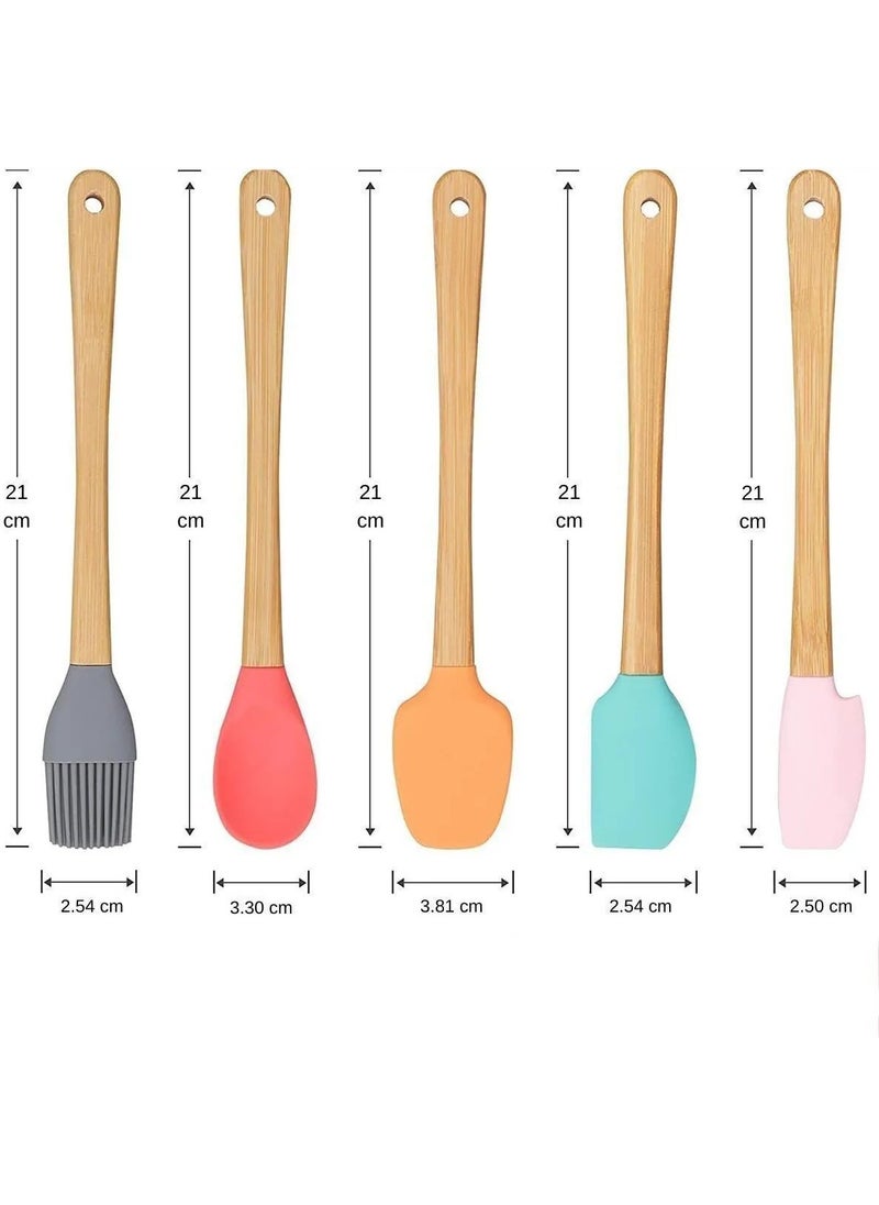 Rotanev - 5 Piece Bamboo Handle Mini Silicone Spatula Spoon Brush Set Colorful - Image 1