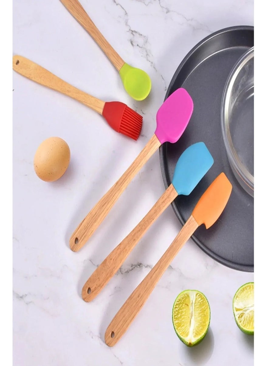 Rotanev - 5 Piece Bamboo Handle Mini Silicone Spatula Spoon Brush Set Colorful - Image 1