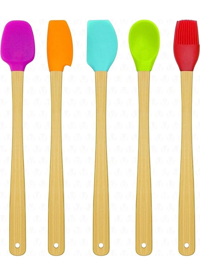 Rotanev - 5 Piece Bamboo Handle Mini Silicone Spatula Spoon Brush Set Colorful - Image 1