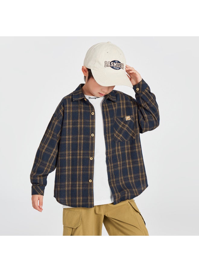Today S Recommendation】children's Checkered Shirt, Spring/autumn Style Boys' Casual Pure Cotton Long Sleeve Shirt For Medium To Large Kids, Stylish And Handsome - Image 4