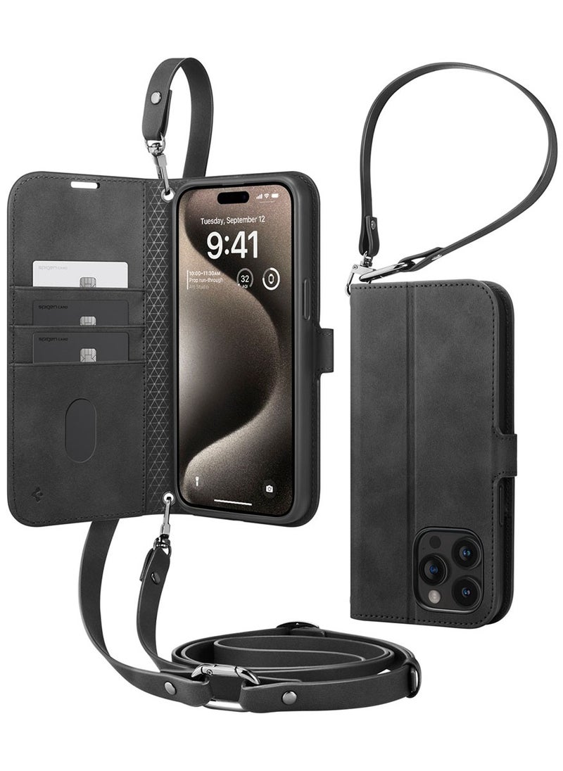 Spigen Wallet S Pro for iPhone 15 Pro MAX Case Cover Premium Leather with Wrist Strap/Body Strap - Black  - Image 1