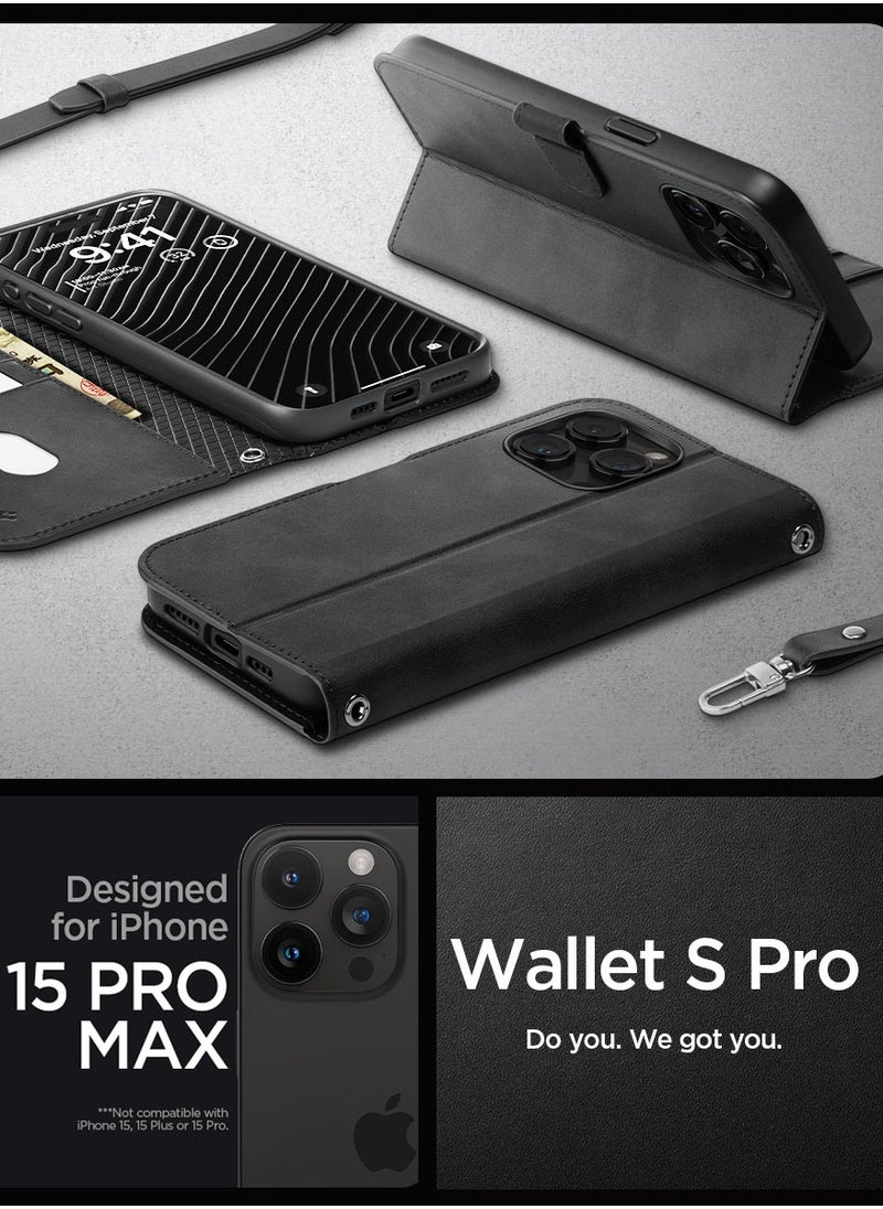 Spigen Wallet S Pro for iPhone 15 Pro MAX Case Cover Premium Leather with Wrist Strap/Body Strap - Black  - Image 2