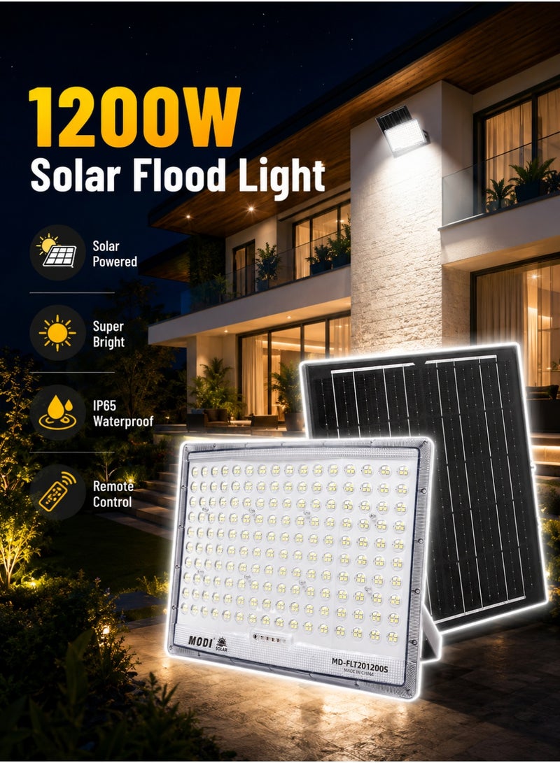 MODI Solar Flood Light Outdoor 1200W, 4M Cable Length, LED Security Lamp with Remote & Timer, 6500K Cool White, Wall Yard Garden Lighting - Image 1