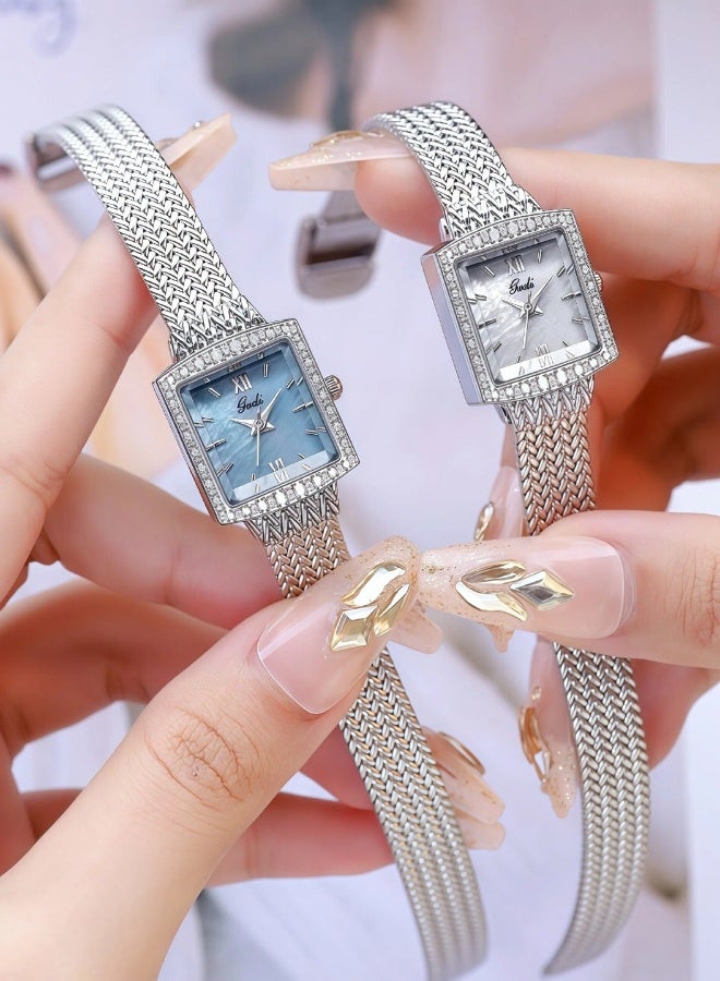 gedi Women's Luxury Square Watch - Crystal Studded Case with Blue Mother of Pearl Dial & Braided Metal Strap | Elegant Formal Wristwatch - Image 4