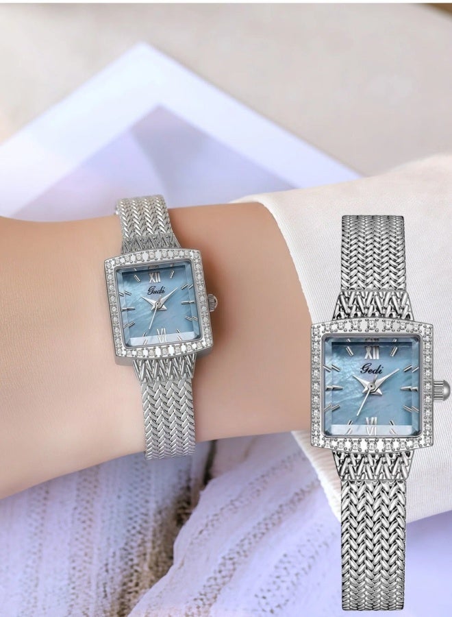 gedi Women's Luxury Square Watch - Crystal Studded Case with Blue Mother of Pearl Dial & Braided Metal Strap | Elegant Formal Wristwatch - Image 1