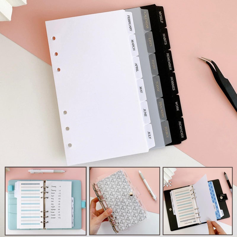 DY.2ten Black 6-Tab Dividers for 6 Ring Binder, Sturdy Plastic A6 Index Dividers, 6 Hole Insertable Notebook Planner Tabs for Binders - Image 5