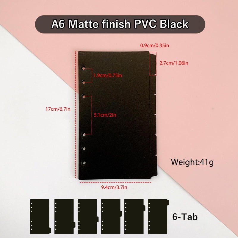 DY.2ten Black 6-Tab Dividers for 6 Ring Binder, Sturdy Plastic A6 Index Dividers, 6 Hole Insertable Notebook Planner Tabs for Binders - Image 3