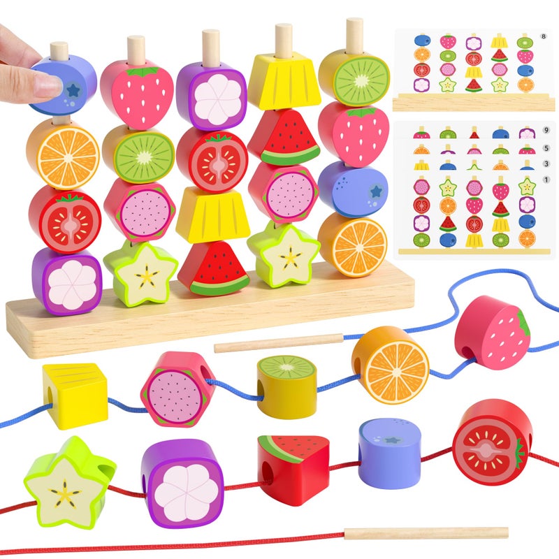 Melofaver Montessori Toys for 3 4 5 Year Old Wooden Fruit Toddler Stacking Toys Stacking Blocks Lacing Beads Shape Sorter Toy for Toddler STEM Preschool Learning Toys for Kids Boys Girls - Image 3