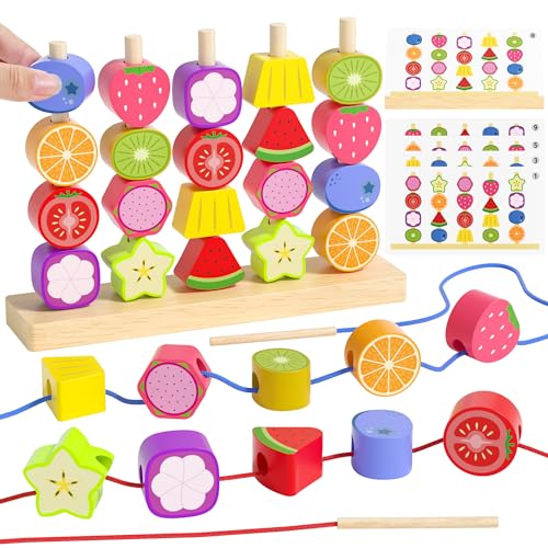 Melofaver Montessori Toys for 3 4 5 Year Old Wooden Fruit Toddler Stacking Toys Stacking Blocks Lacing Beads Shape Sorter Toy for Toddler STEM Preschool Learning Toys for Kids Boys Girls - Image 1