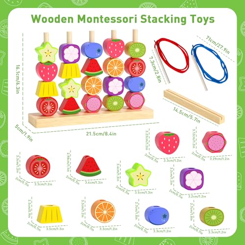 Melofaver Montessori Toys for 3 4 5 Year Old Wooden Fruit Toddler Stacking Toys Stacking Blocks Lacing Beads Shape Sorter Toy for Toddler STEM Preschool Learning Toys for Kids Boys Girls - Image 5